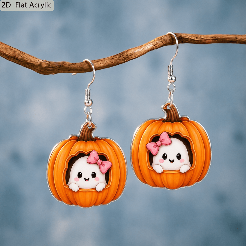 Cute Bow Ghost Inside Pumpkin Acrylic Dangle Earrings